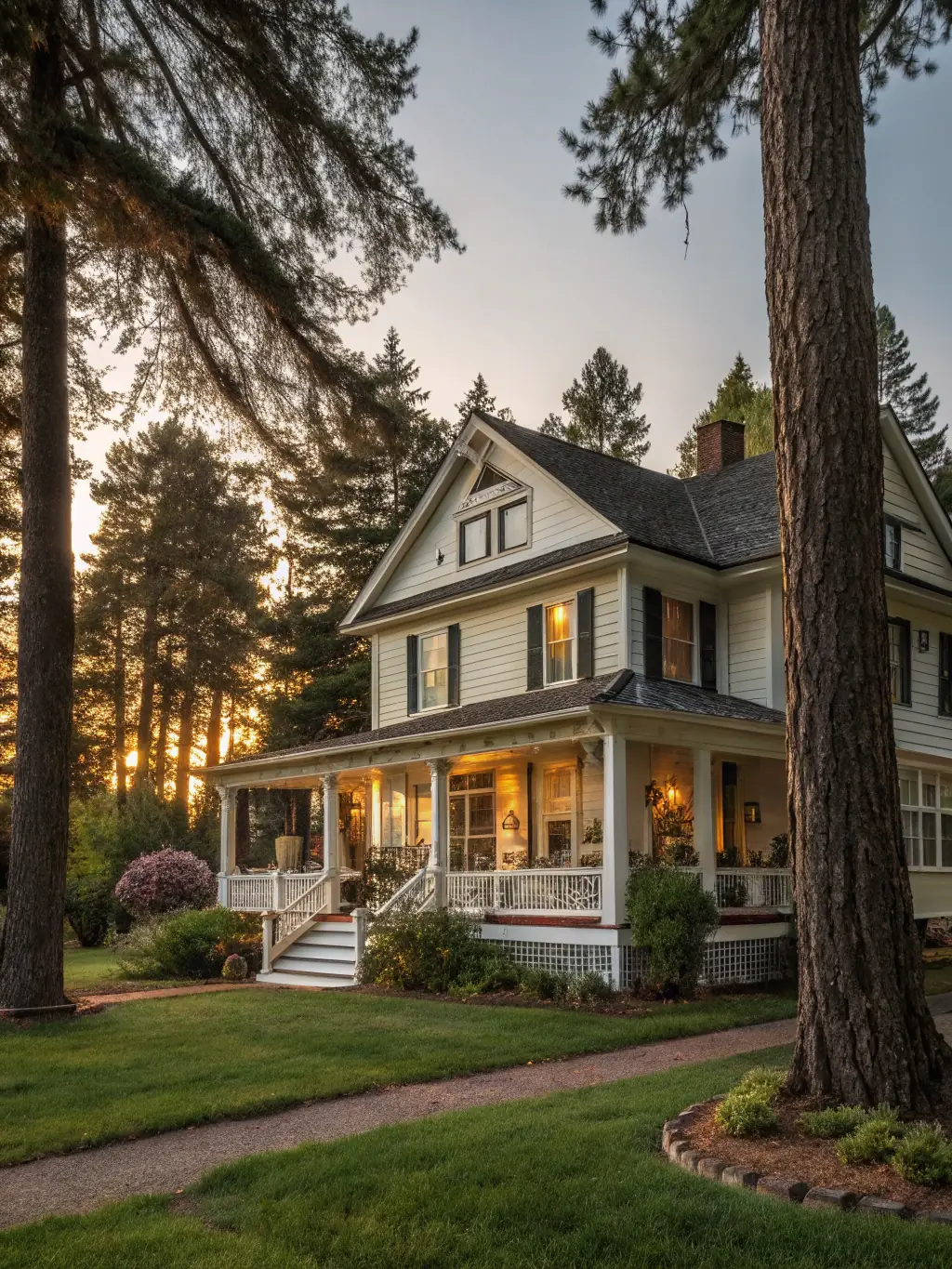 A beautifully restored historic home with a wraparound porch, showcasing its original architectural details and lush garden.